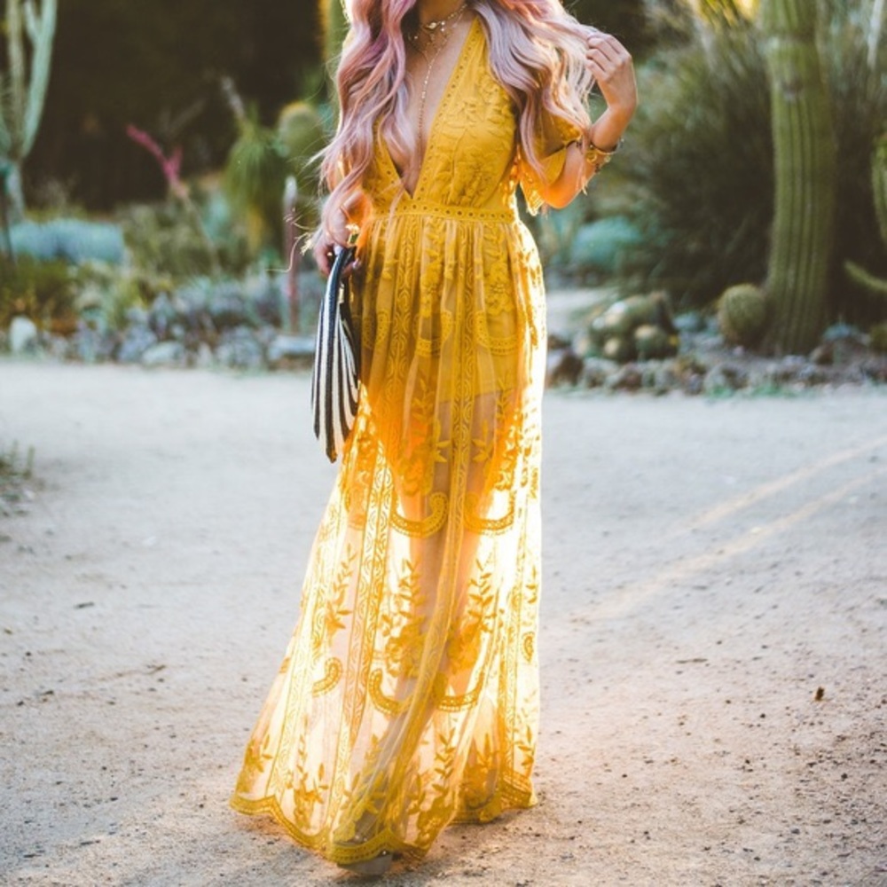 Boho yellow gold lace Honey Punch romper dress